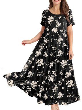 Women's Black Off White Crew Neck Short Sleeve Pull On Floral Maxi Dresses